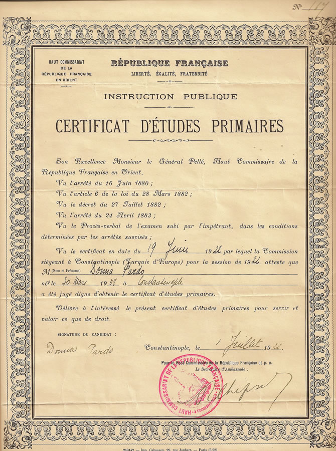 certificat d'étude Donna Pardo 1922